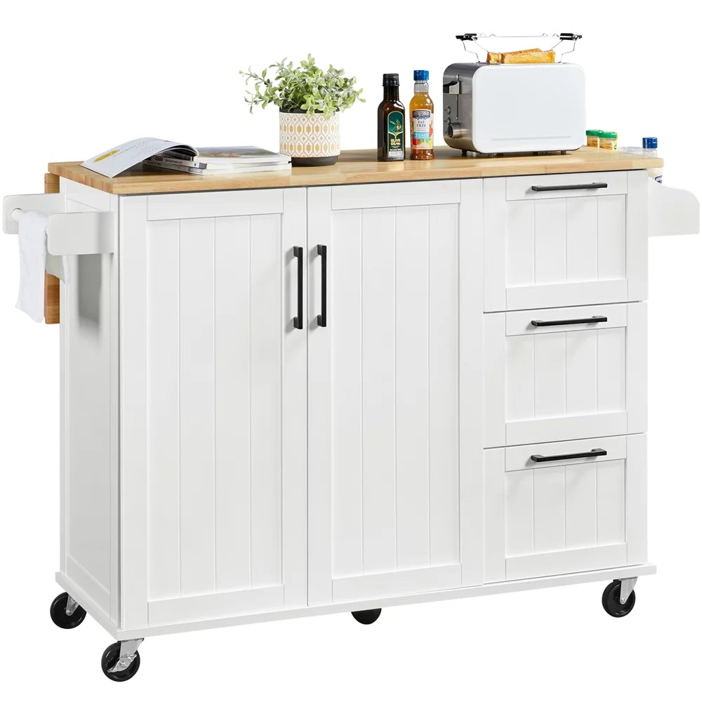 White Rolling Kitchen Cart with Wood Top and Drop Leaf J563362