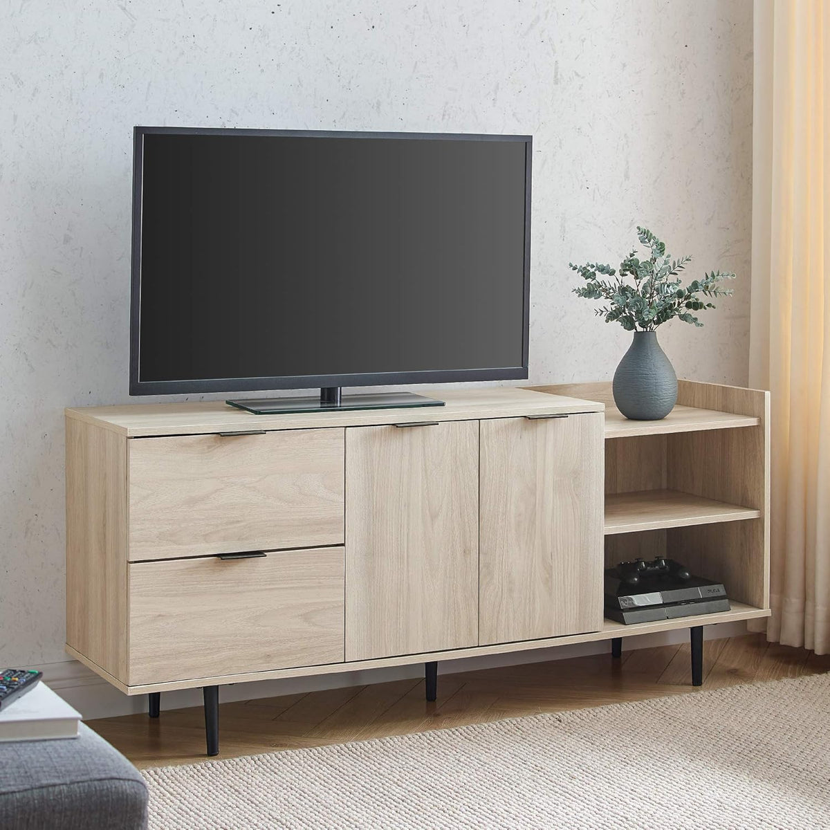58 Inch Dark Walnut Wood TV Stand with Cabinet Doors and Drawers O925029