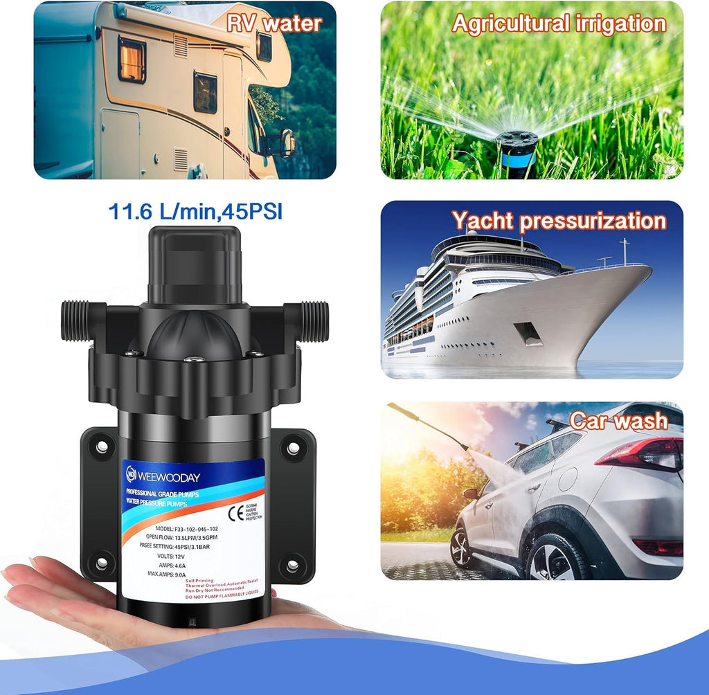 Diaphragm Water Pump 12V with Pressure Switch 3.5 GPM 45 PSI Self Priming RV DC Washdown Pump with Fittings Strainer Filter T7255