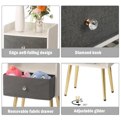White Nightstand with Drawer Fabric Cabinet Storage with Sliding Drawers and Shelf C97420
