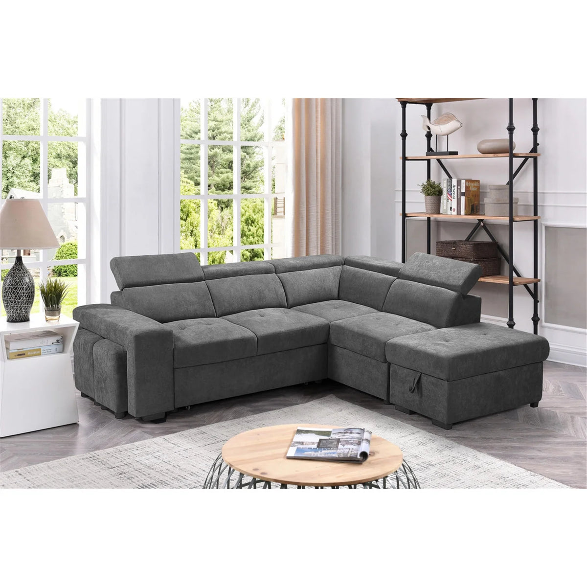 Light Gray Sleeper Sectional Sofa with Storage Ottoman and 2 Stools Y6250