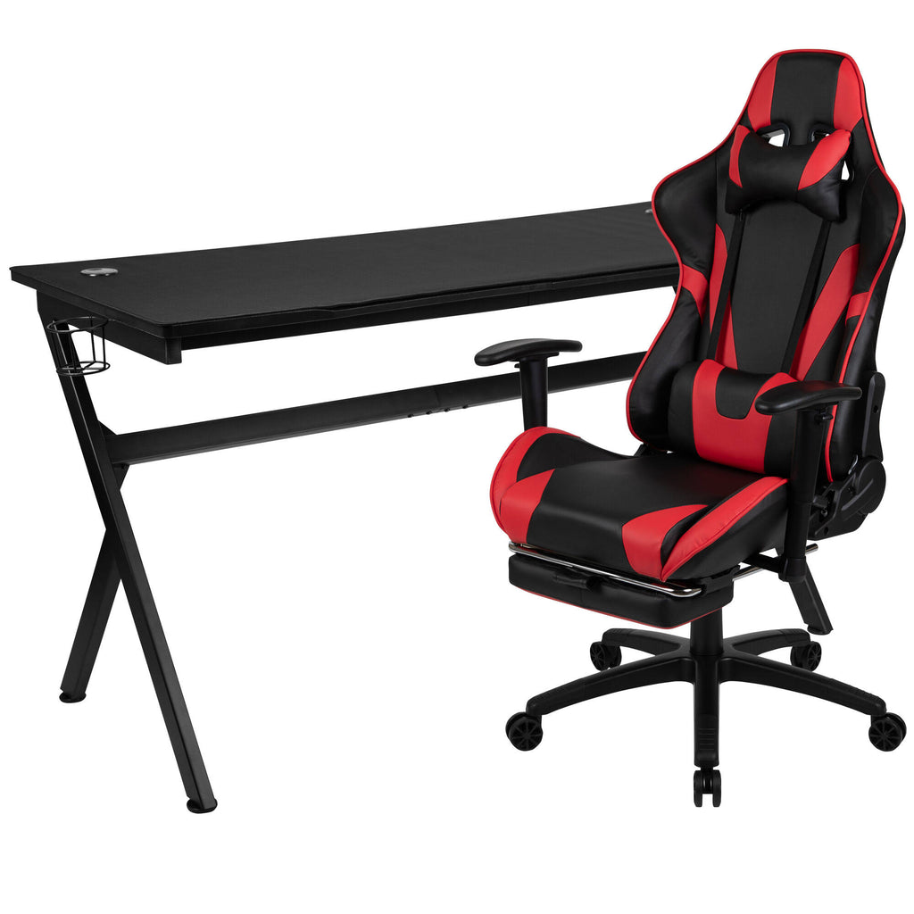 Gaming Desk and Reclining Gaming Chair Set with Cup Holder and Headphone Hook V352