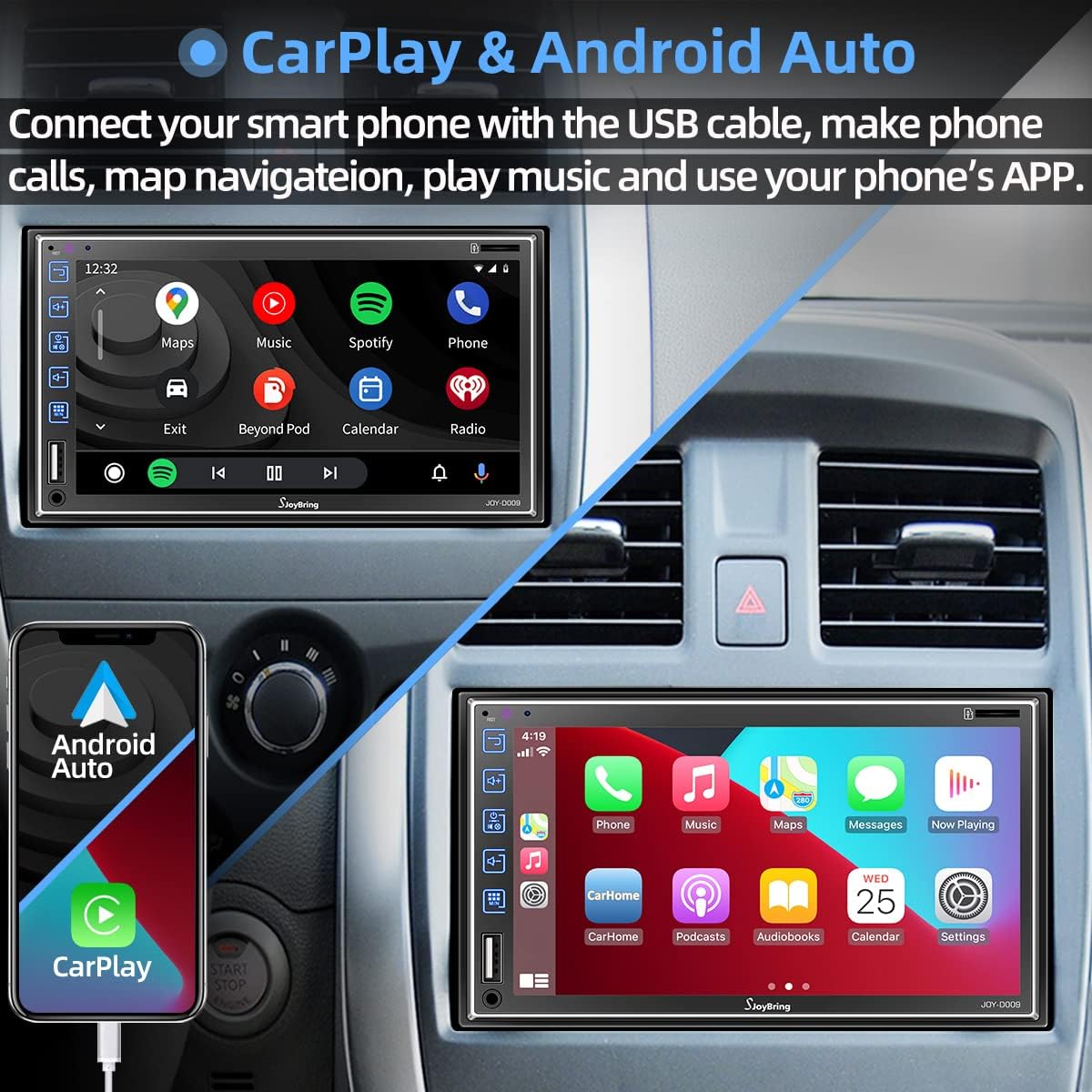 Double Din Car Stereo with Voice Control Carplay and Android Auto, 7 Inch Full Touch HD Capacitive Screen, Car Radio with Bluetooth 5.1, Mirror Link, Front/Rear Camera, Steering Wheel Control, AM/FM L6136
