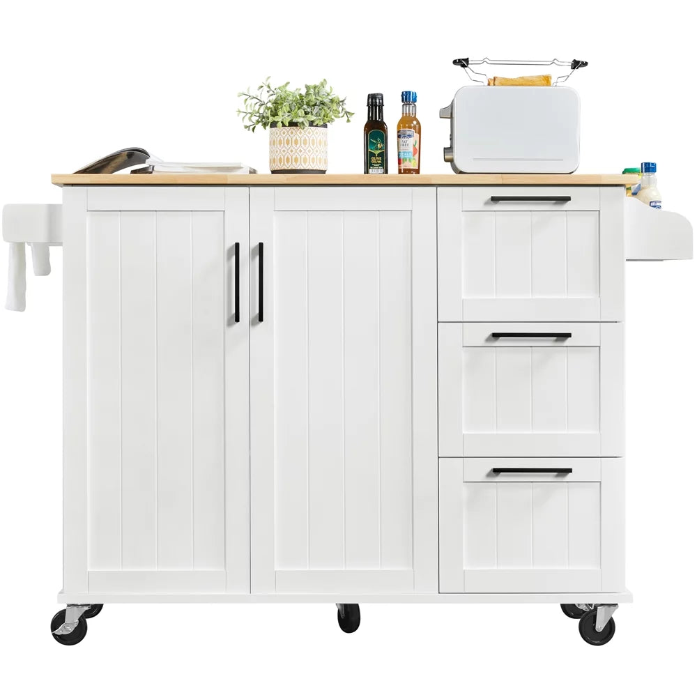 White Rolling Kitchen Cart with Wood Top and Drop Leaf J563362