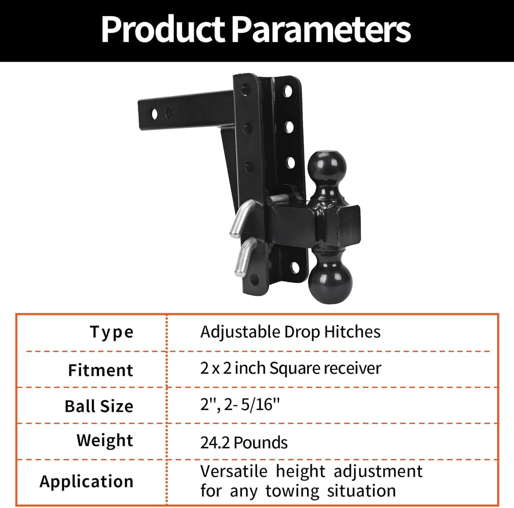 Adjustable Trailer Hitch Ball Mount, 2’’ Receiver, 8’’ Drop/Rise, Dual Balls, 10,000 lbs Capacity, Black Powder Coated Steel J5792