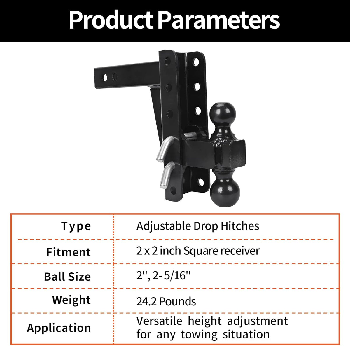 Adjustable Trailer Hitch Ball Mount, 2’’ Receiver, 8’’ Drop/Rise, Dual Balls, 10,000 lbs Capacity, Black Powder Coated Steel J5792