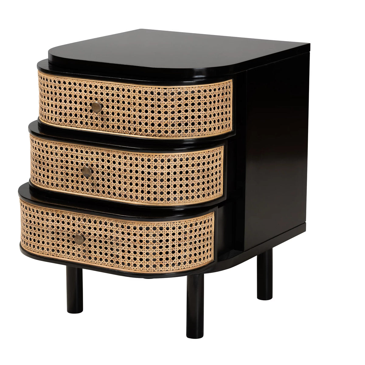 Black Wood and Rattan 3-Drawer End Table Nightstand I731