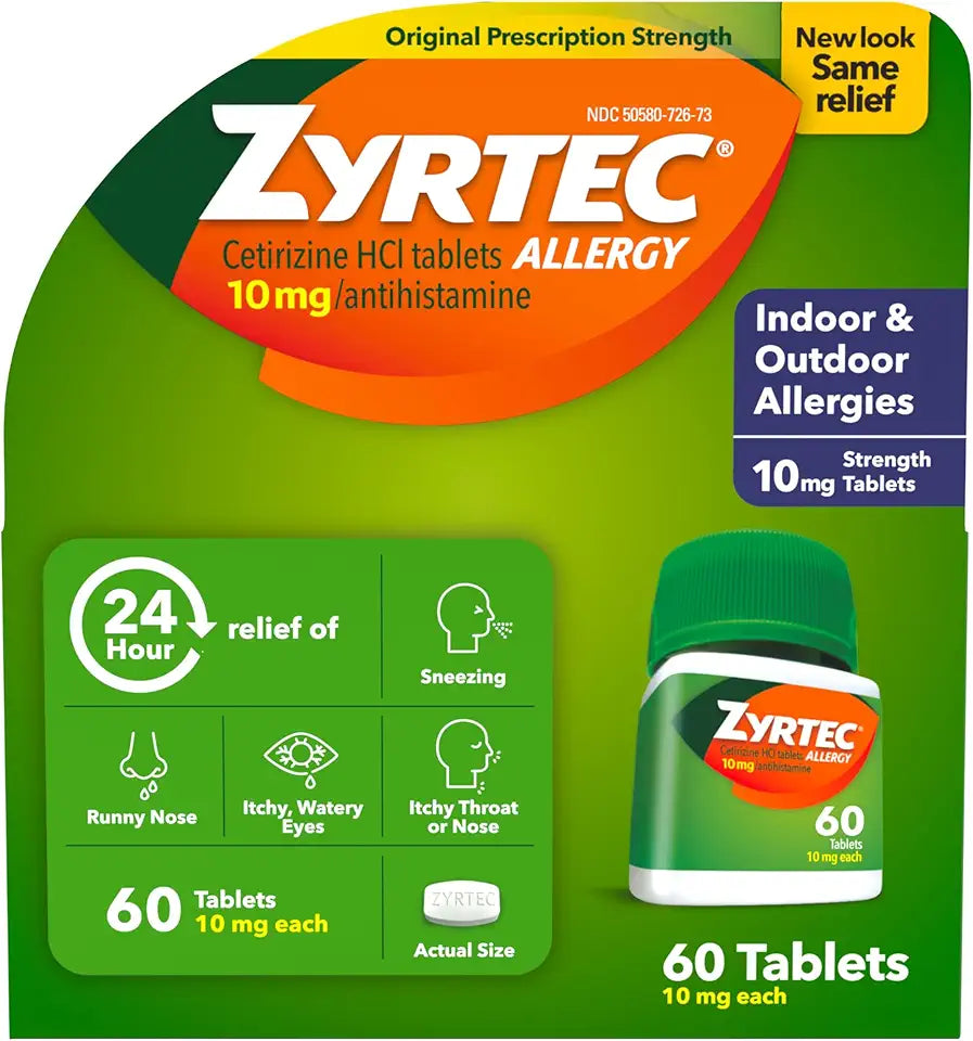 24 Hour Allergy Relief Tablets with 10 mg Cetirizine HCl, 60 count Q565307