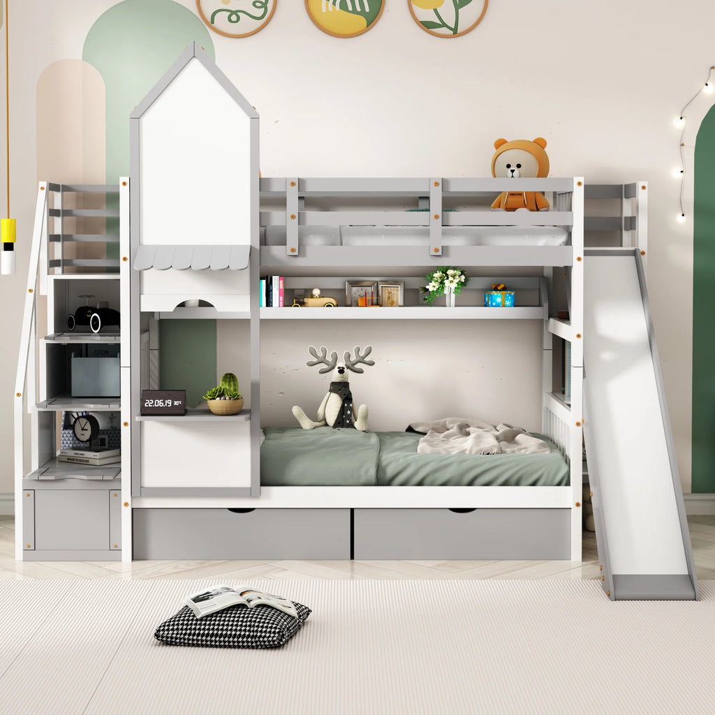 Twin Over Twin Bunk Bed with 2 Drawers and Slide, Gray N9162