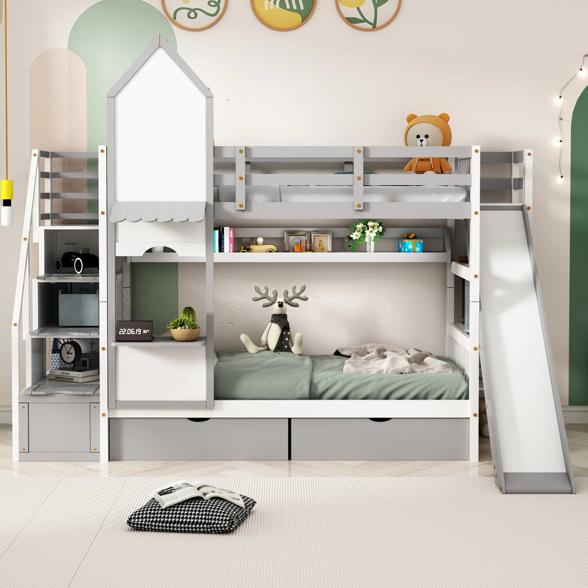 Twin Over Twin Bunk Bed with 2 Drawers and Slide, Gray N9162