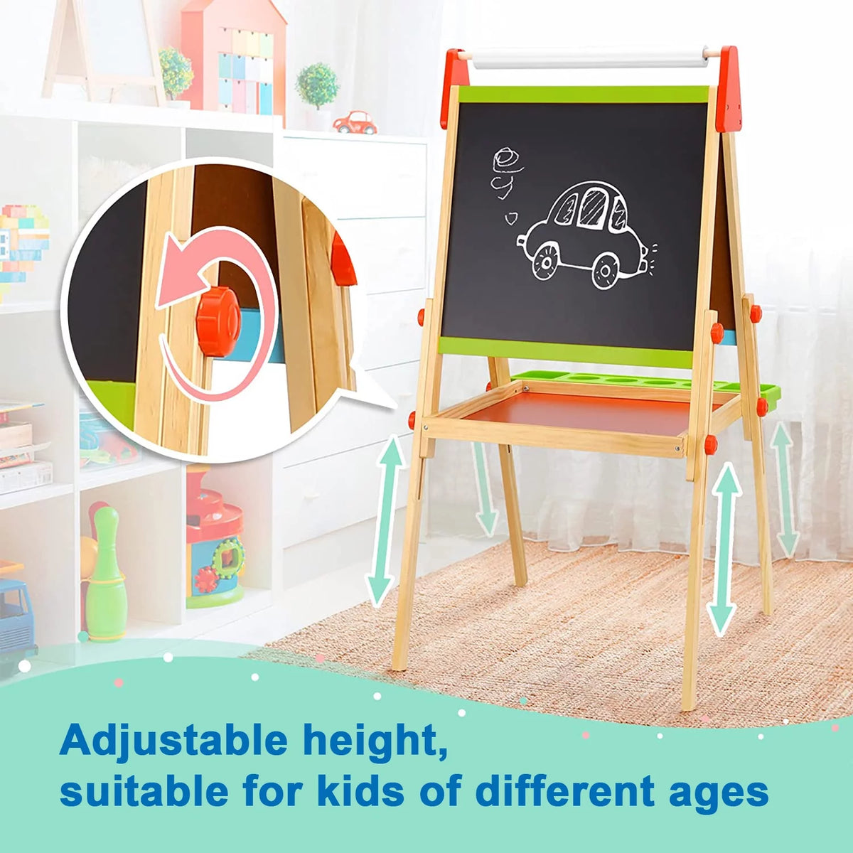 Wooden Easel with Magnetic Whiteboard, Chalkboard, Paper Roll O190