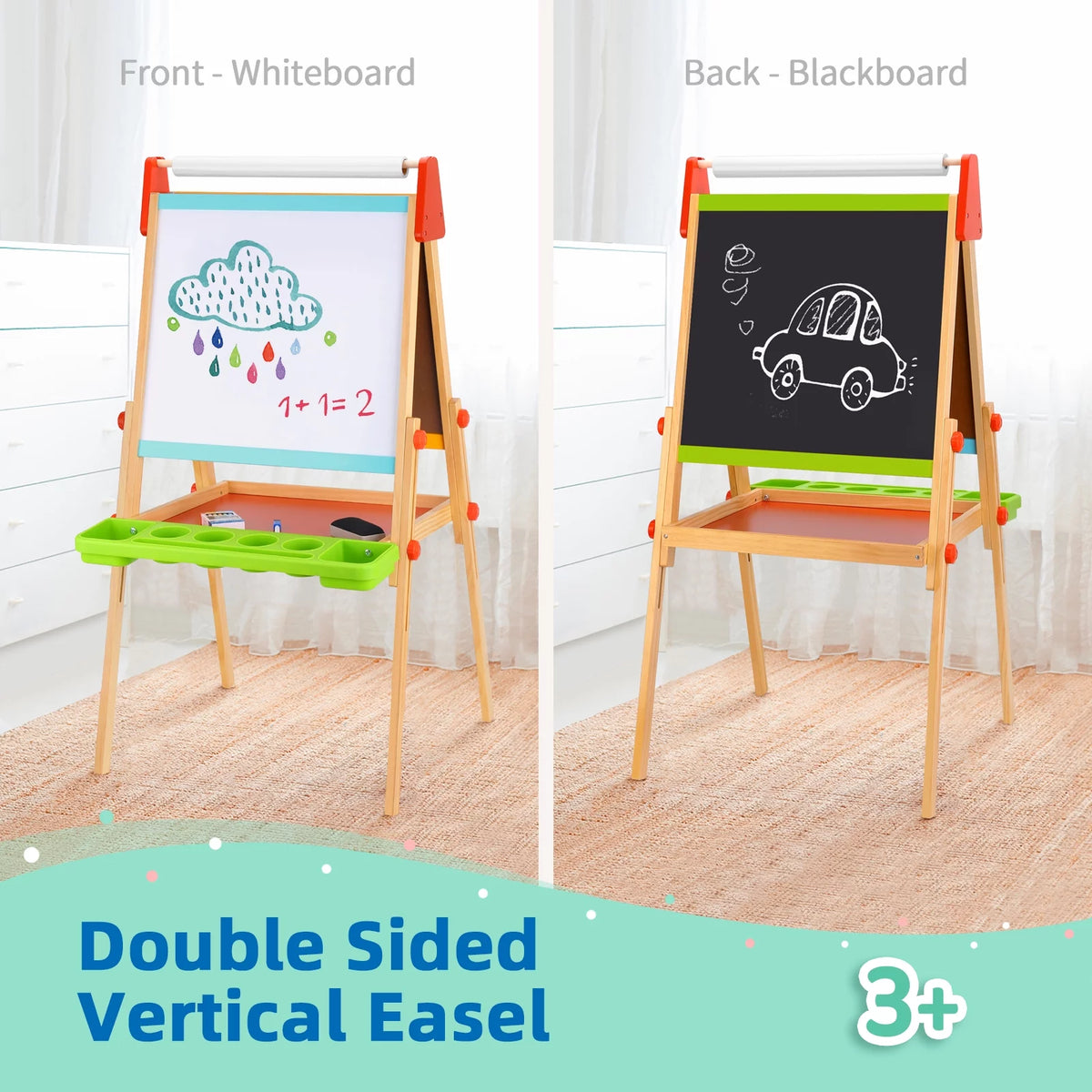 Wooden Easel with Magnetic Whiteboard, Chalkboard, Paper Roll O190