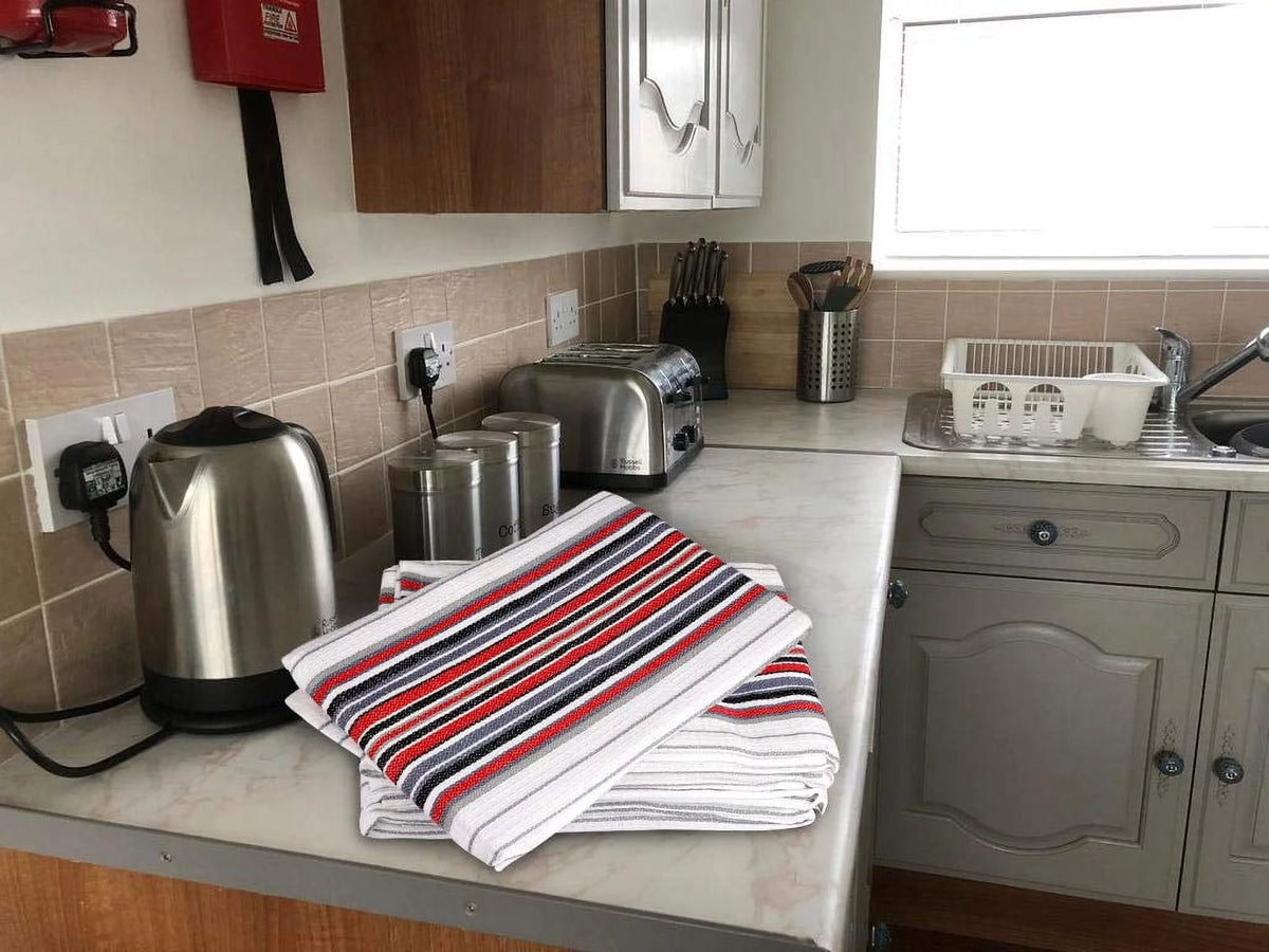 100% Cotton White Waffle Stripes Kitchen Towels Set of 6 D600689