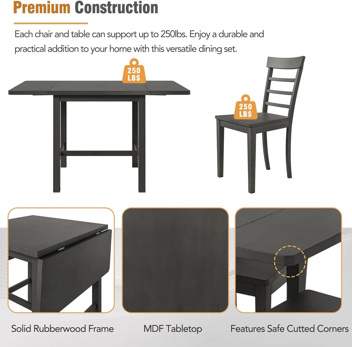 Wood Drop Leaf Dining Table Set with 4 Ladder Back Chairs Grey V168002