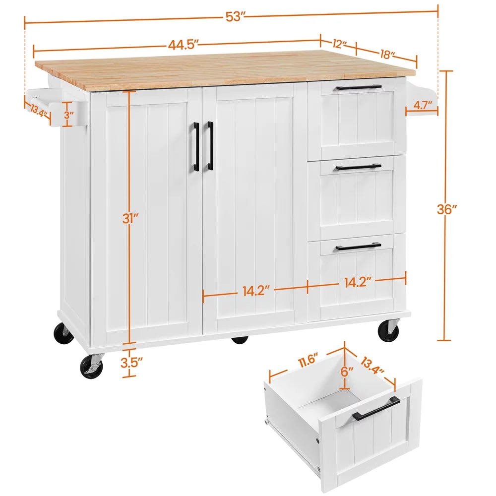 White Rolling Kitchen Cart with Wood Top and Drop Leaf J563362