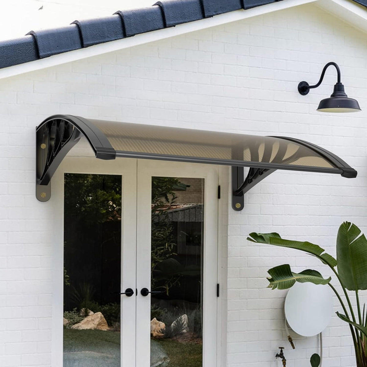 Patio Awning Polycarbonate Cover 40''x40'' Dark Brown Canopy Black Bracket J862852