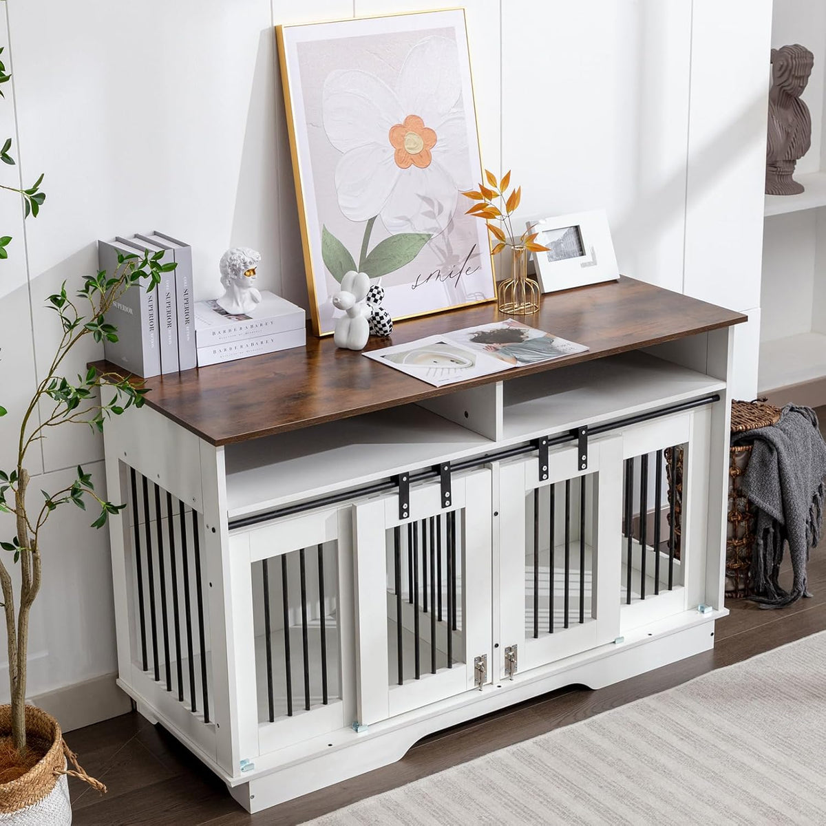 White Wooden Double Dog Crate Furniture with Drawers O674