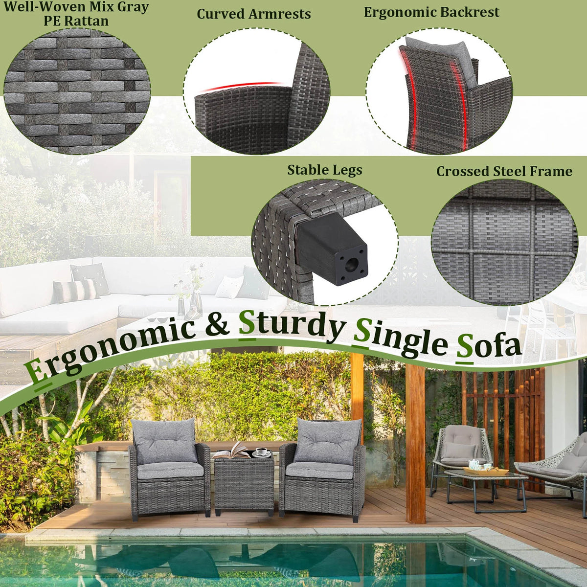 3 Pcs Patio Rattan Sofa Set with Grey Cushion M766