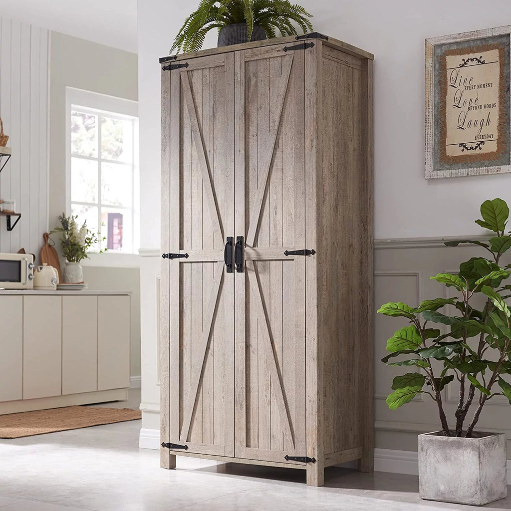 Light Rustic Oak Storage Pantry Cabinet with 2 Doors and Adjustable Shelves L6647