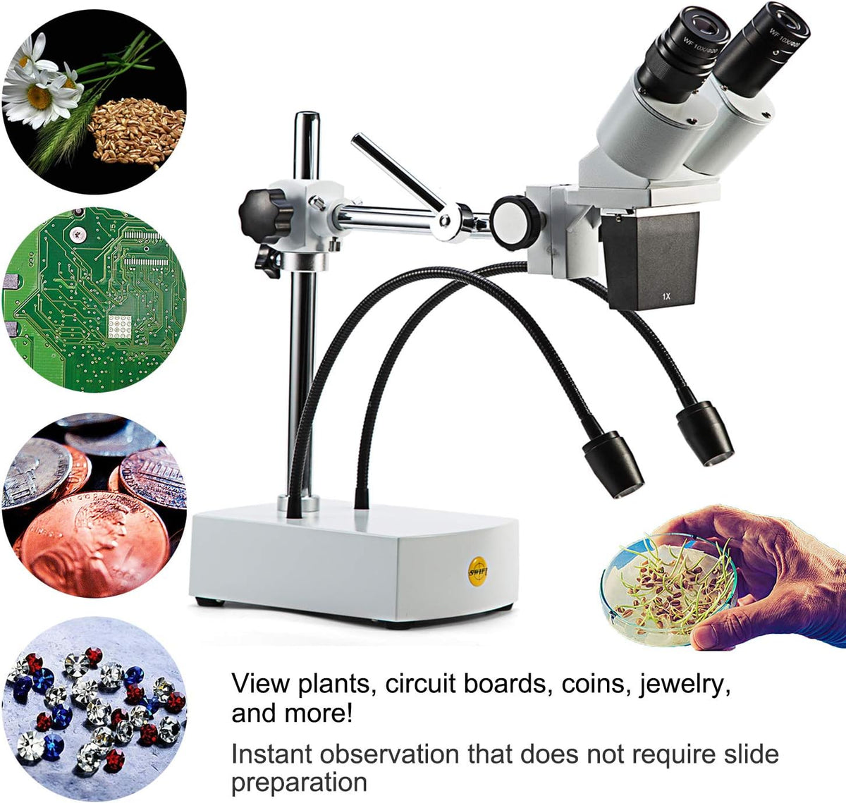 Professional Dissecting Binocular Stereo Microscope, WF10x WF20x Eyepieces, 10X 20X Magnification, 1X Objective, LED Lighting, Boom-Arm Stand K694882