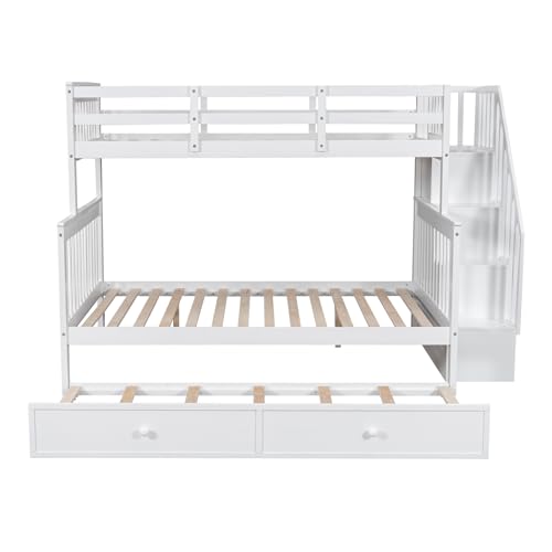 White Wood Twin Over Full Bunk Bed with Trundle and Stairs N676284