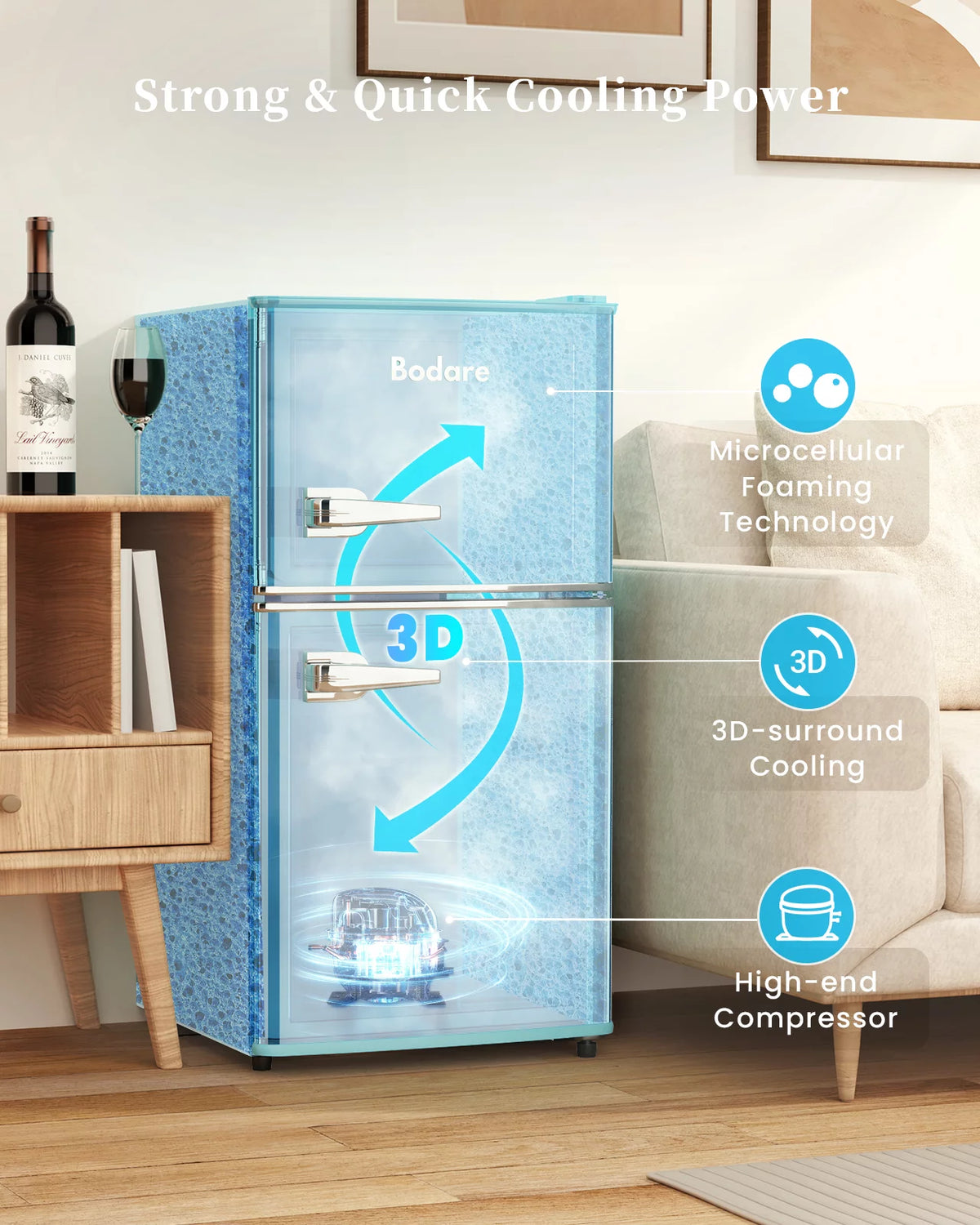 3.2 Cu.Ft 2 Doors Mini Fridge with Freezer, Blue E24310