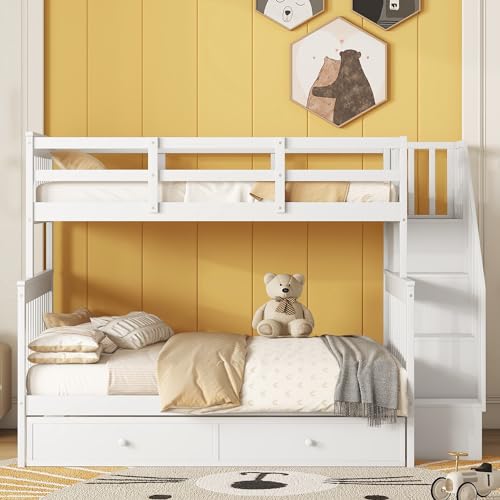 White Wood Twin Over Full Bunk Bed with Trundle and Stairs N676284