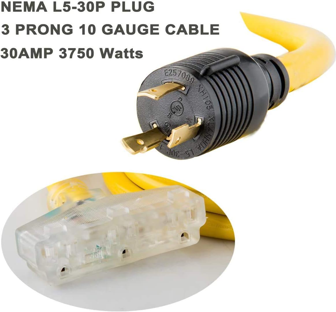 25 Feet 10 Gauge Generator Extension Cord NEMA L5-30P to Three 5-15R U46490