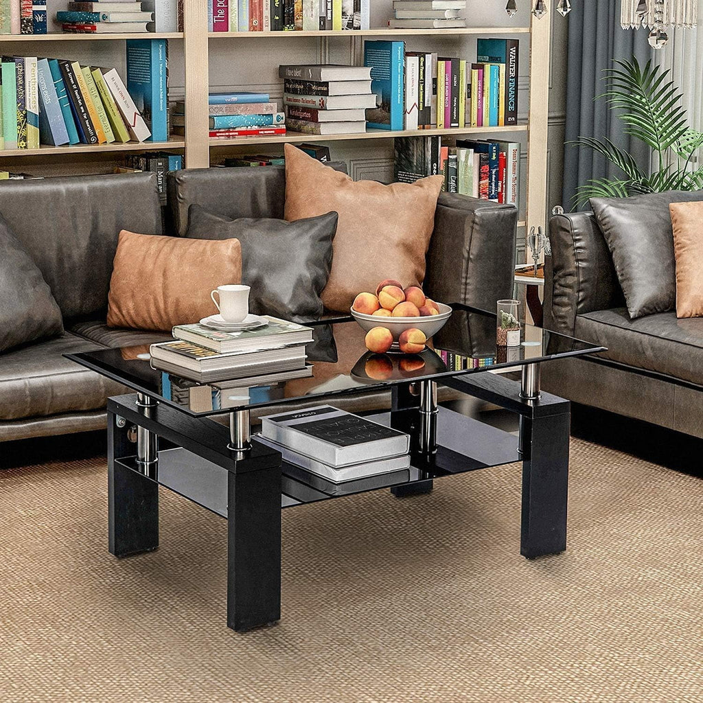Black Rectangle Glass Coffee Table with Shelf and Wooden Legs T631