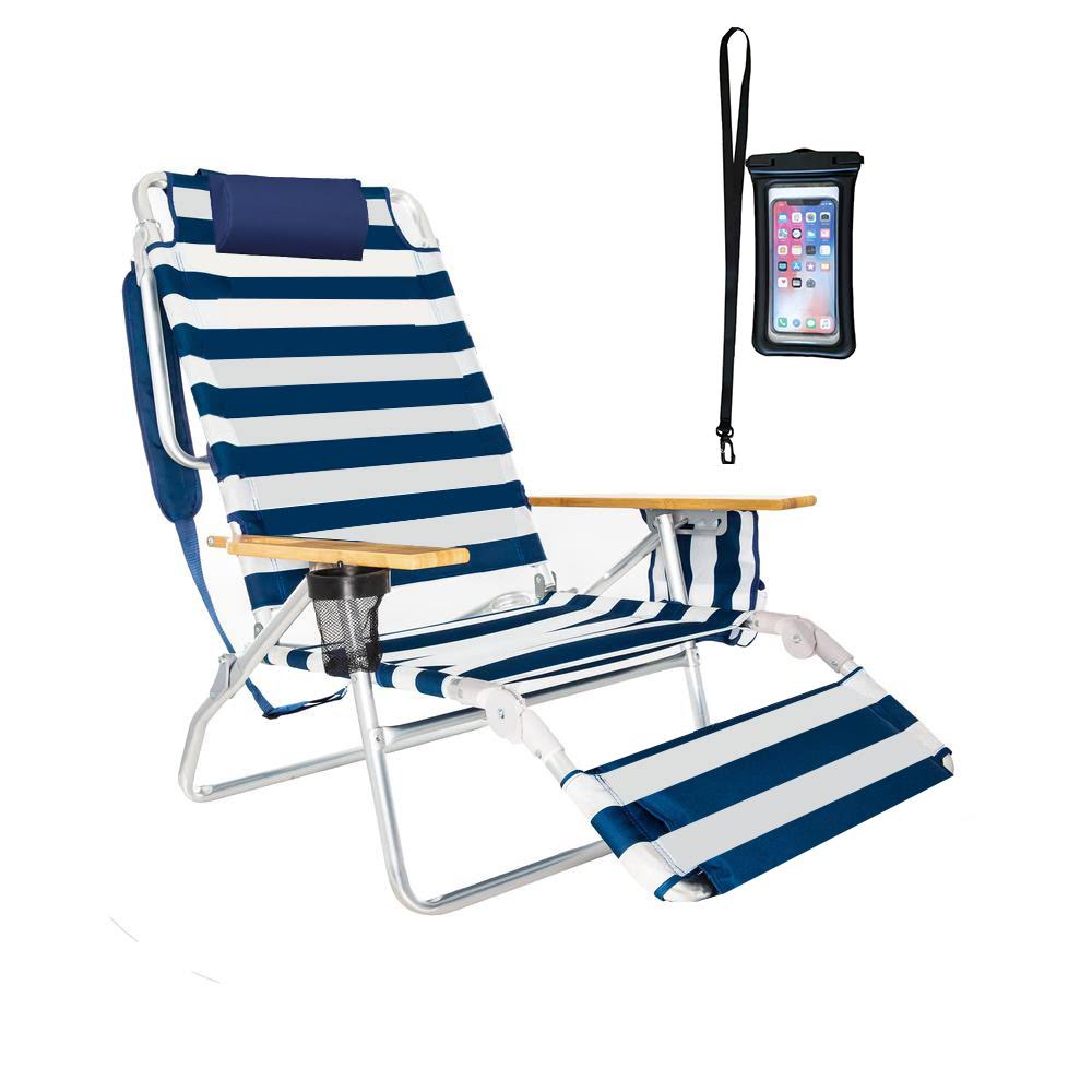 5 Position Lay Flat High Aluminum Beach Chair with Foot Rest Navy Blue/White G788