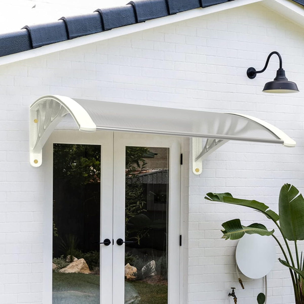 Patio Awning Polycarbonate Cover 40''x40'' Dark Brown Canopy Black Bracket J862852