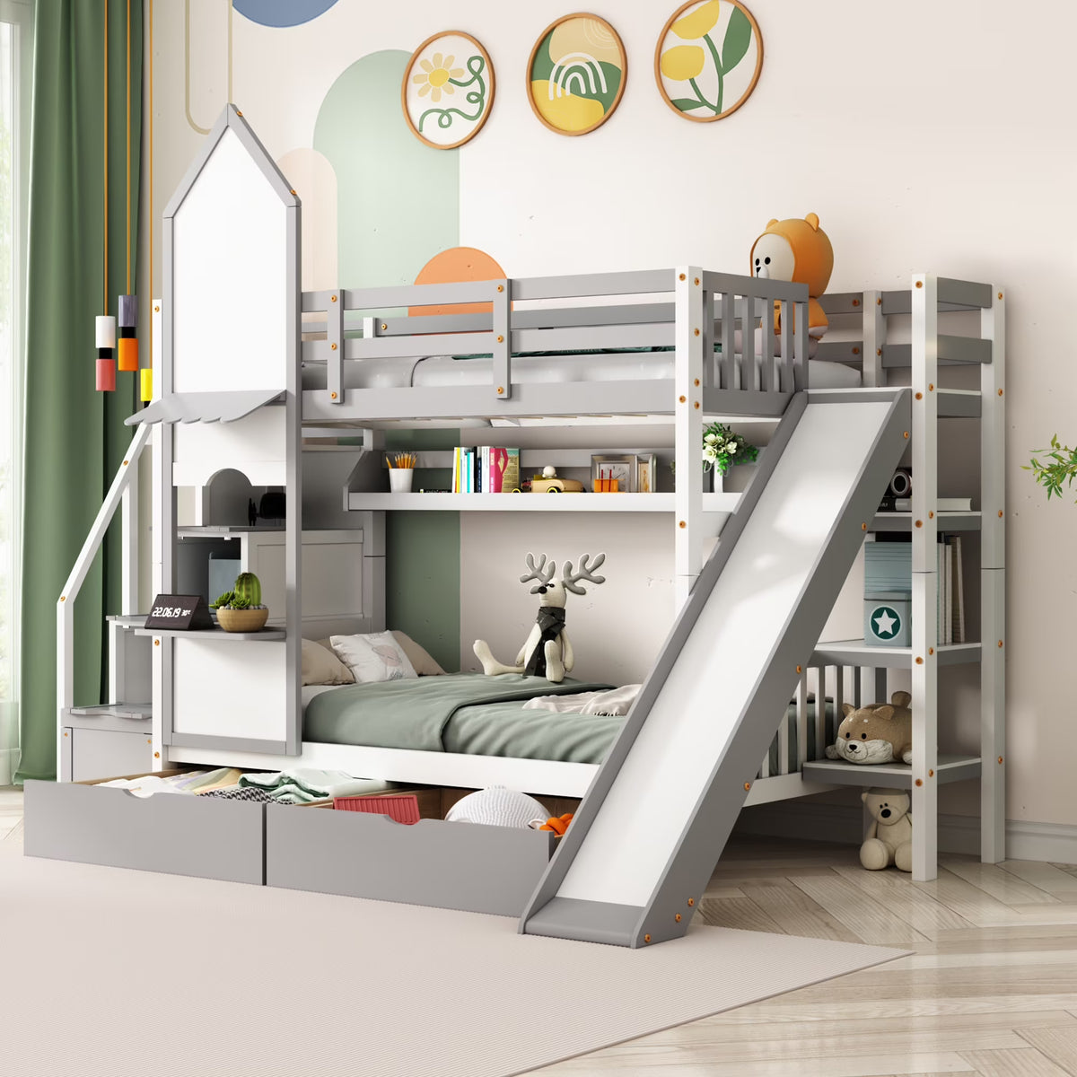 Twin Over Twin Bunk Bed with 2 Drawers and Slide, Gray N9162