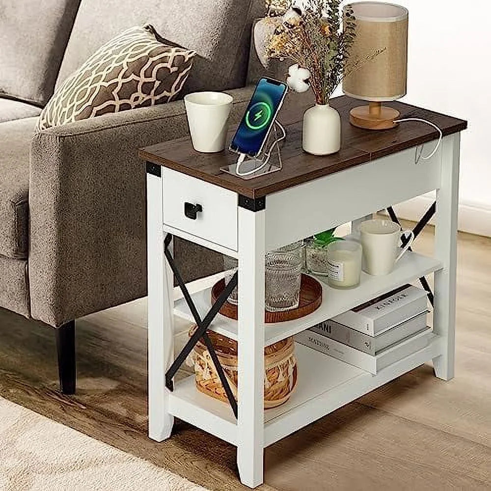 Oak Narrow End Table with Charging Station Q992391