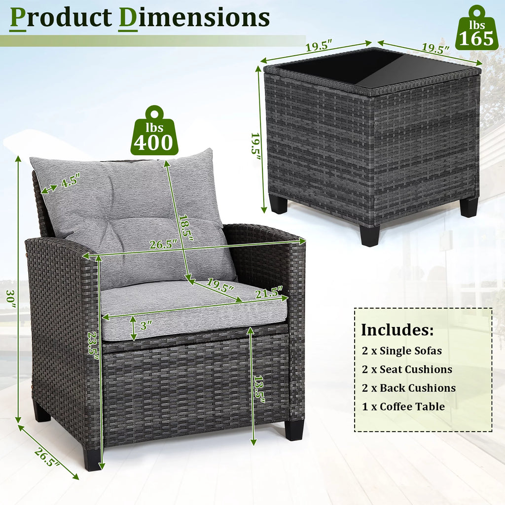3 Pcs Patio Rattan Sofa Set with Grey Cushion M766