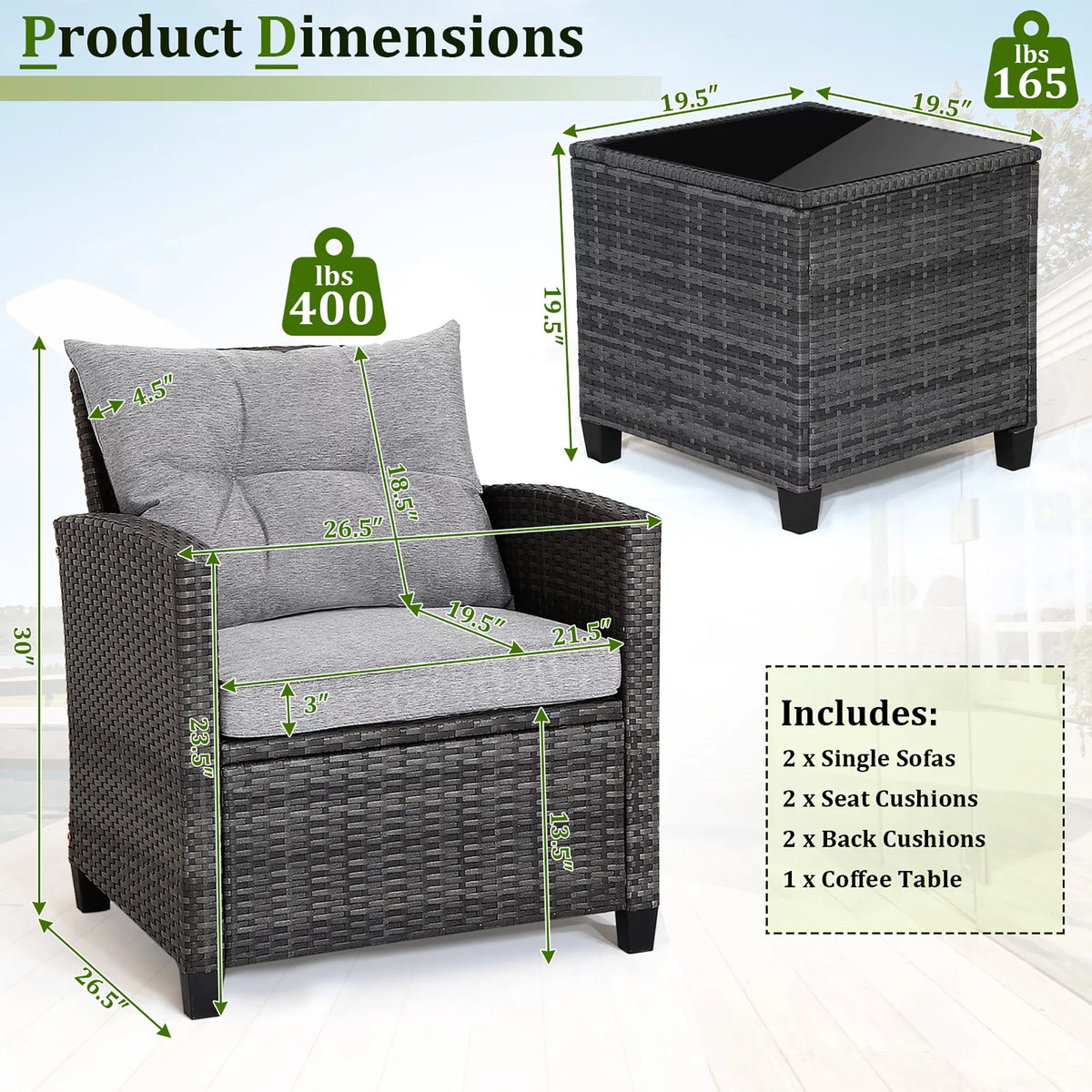 3 Pcs Patio Rattan Sofa Set with Grey Cushion M766