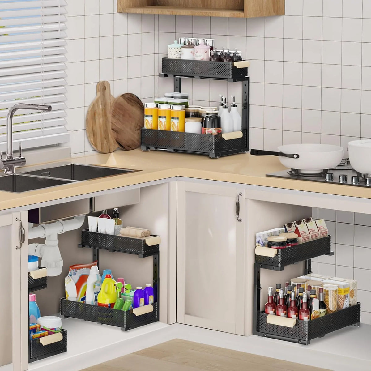 2 PACK 5 Height Adjustable 2 Tiers Pull Out Drawer Shelves Metal Slide Tray Organizer D989960