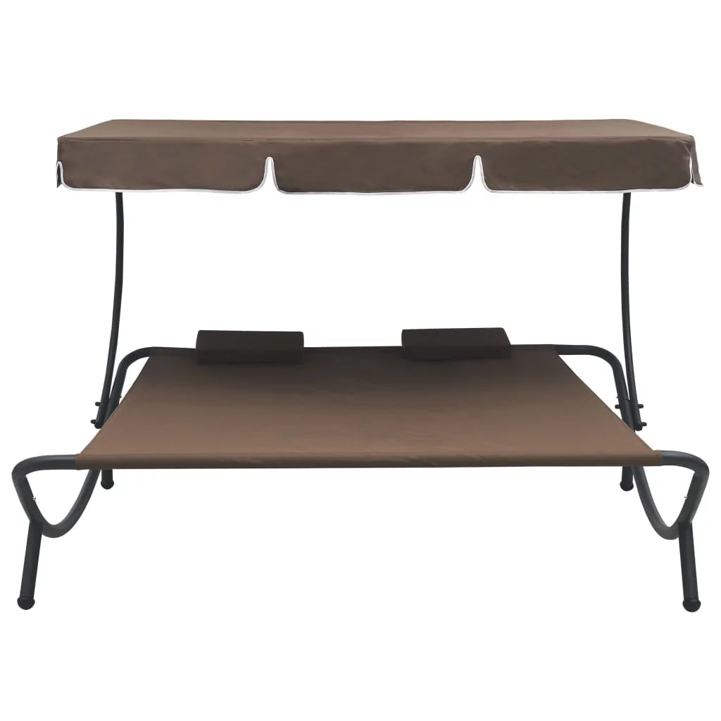 Brown Fabric Steel Outdoor Lounge Bed with Canopy and Pillows C1509