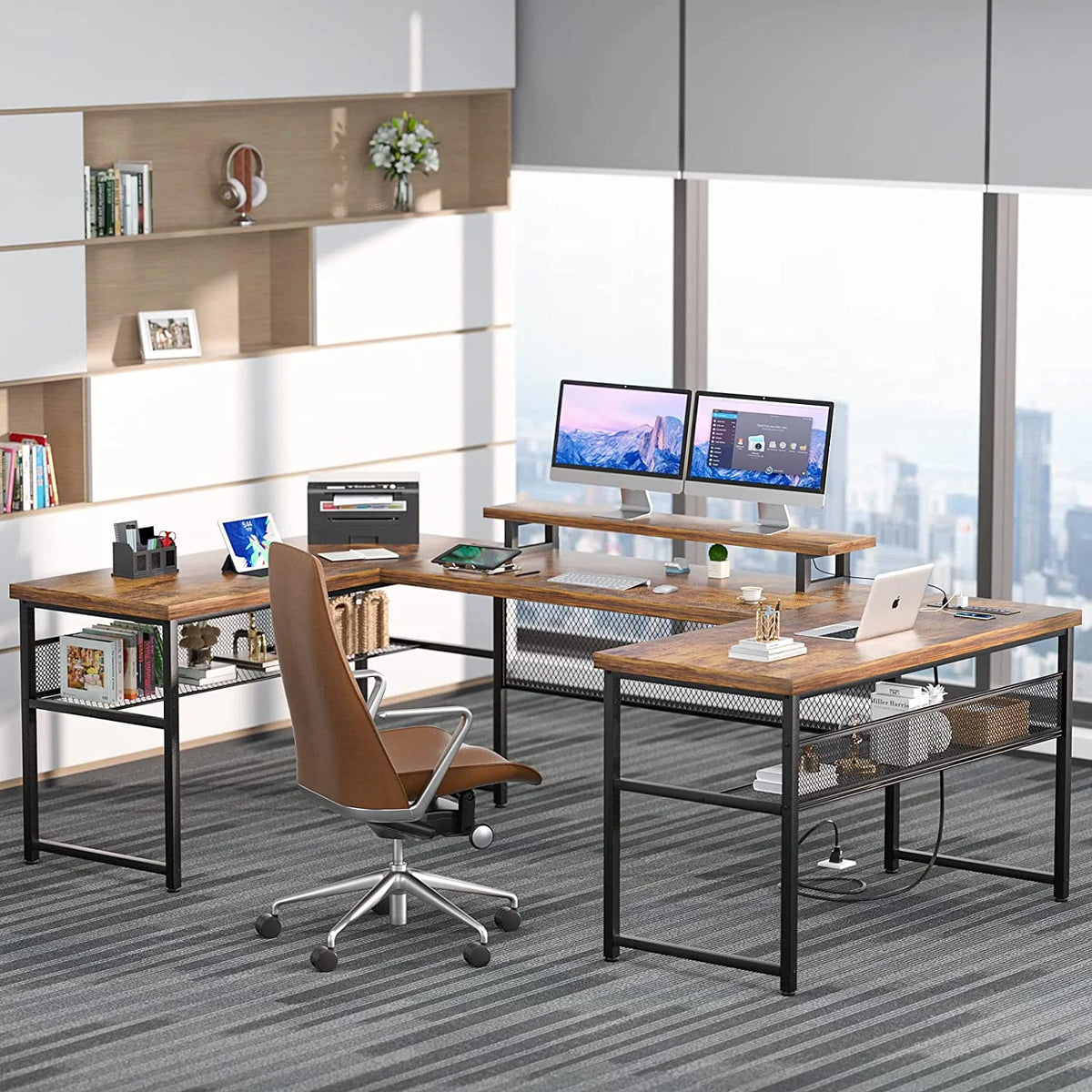 U Shaped Computer Desk with Power Outlet and LED Strip N8002