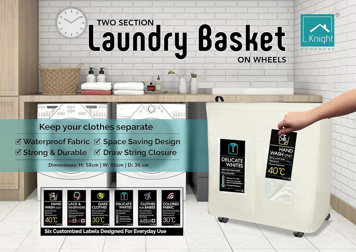 120L Collapsible Laundry Basket with Wheels, 2 Section, Mesh Cover, Handles, Ivory S373
