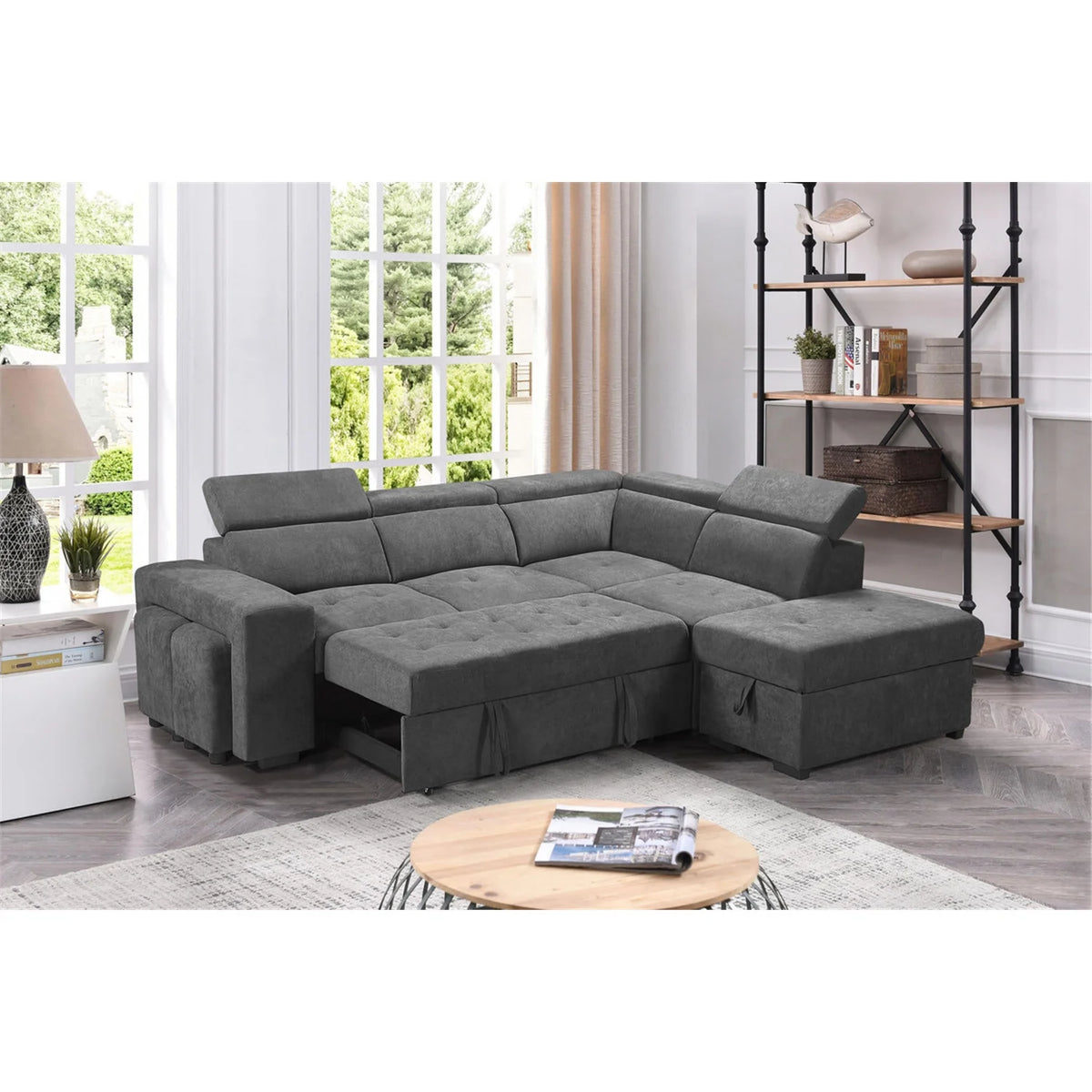 Light Gray Sleeper Sectional Sofa with Storage Ottoman and 2 Stools Y6250