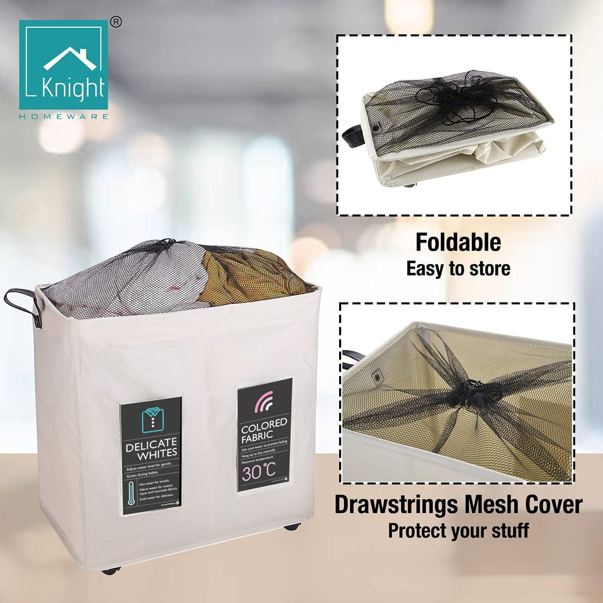 120L Collapsible Laundry Basket with Wheels, 2 Section, Mesh Cover, Handles, Ivory S373