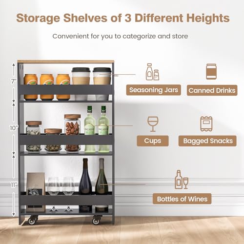 4-Tier Rolling Storage Cart with Handle & Wooden Top (White & Natural) J271257