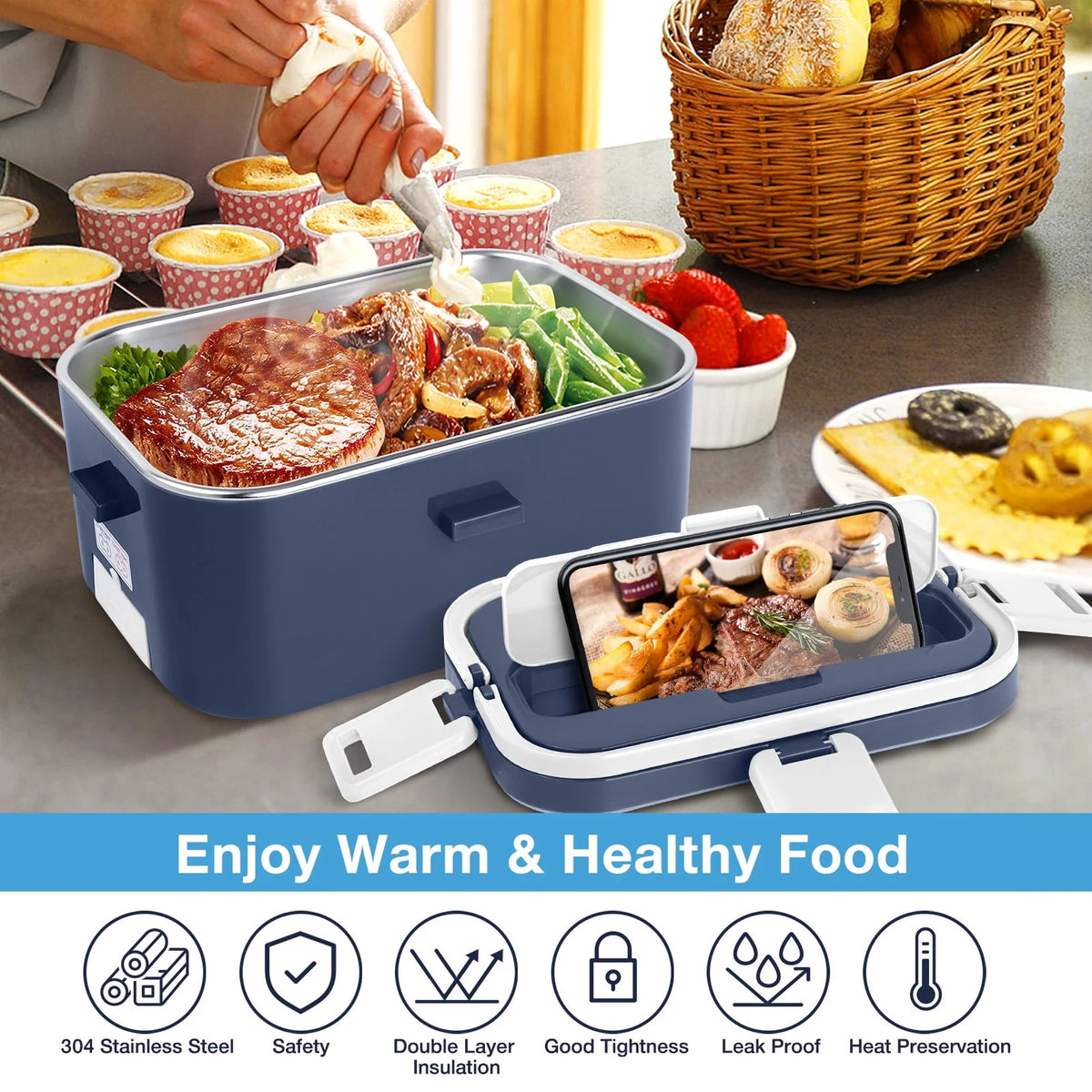 Electric Lunch Box Food Heater 60W 1.8L Stainless Steel Green Royal Blue P561