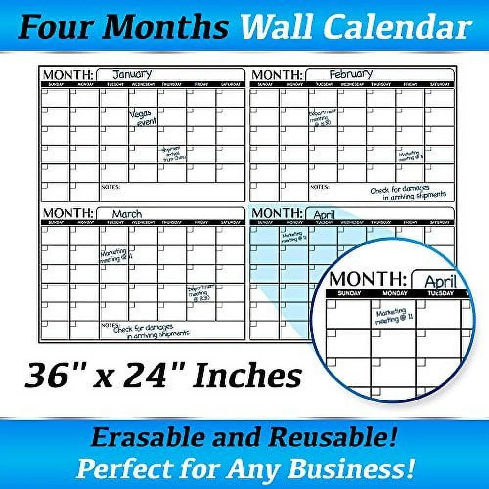 Extra Large Dry Erase 4 Month 24" x 36" Wall Calendar Laminated X457857