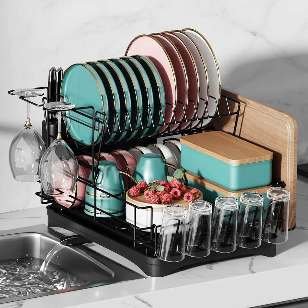 Large 2 Tier Black Dish Drying Rack with Drainboard Set V9813