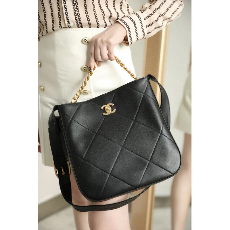 Black Calfskin Hobo Handbag B7540