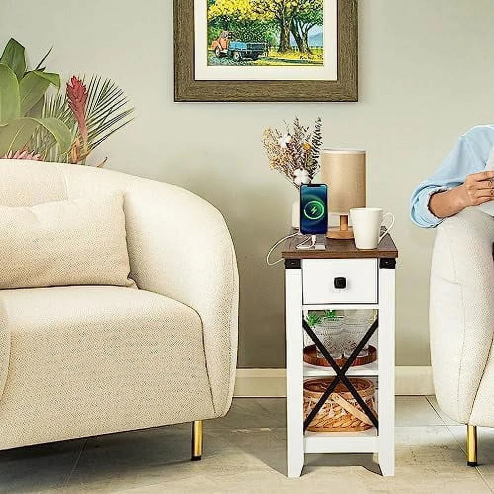 Oak Narrow End Table with Charging Station Q992391