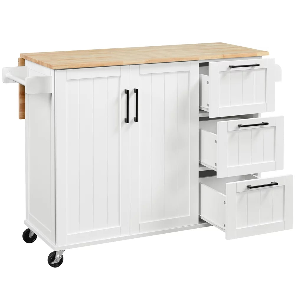 White Rolling Kitchen Cart with Wood Top and Drop Leaf J563362