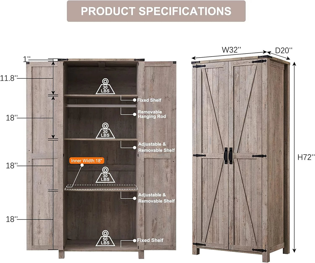 Light Rustic Oak Storage Pantry Cabinet with 2 Doors and Adjustable Shelves L6647
