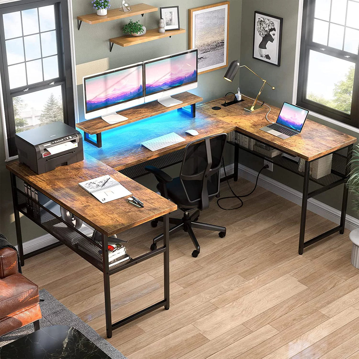 U Shaped Computer Desk with Power Outlet and LED Strip N8002